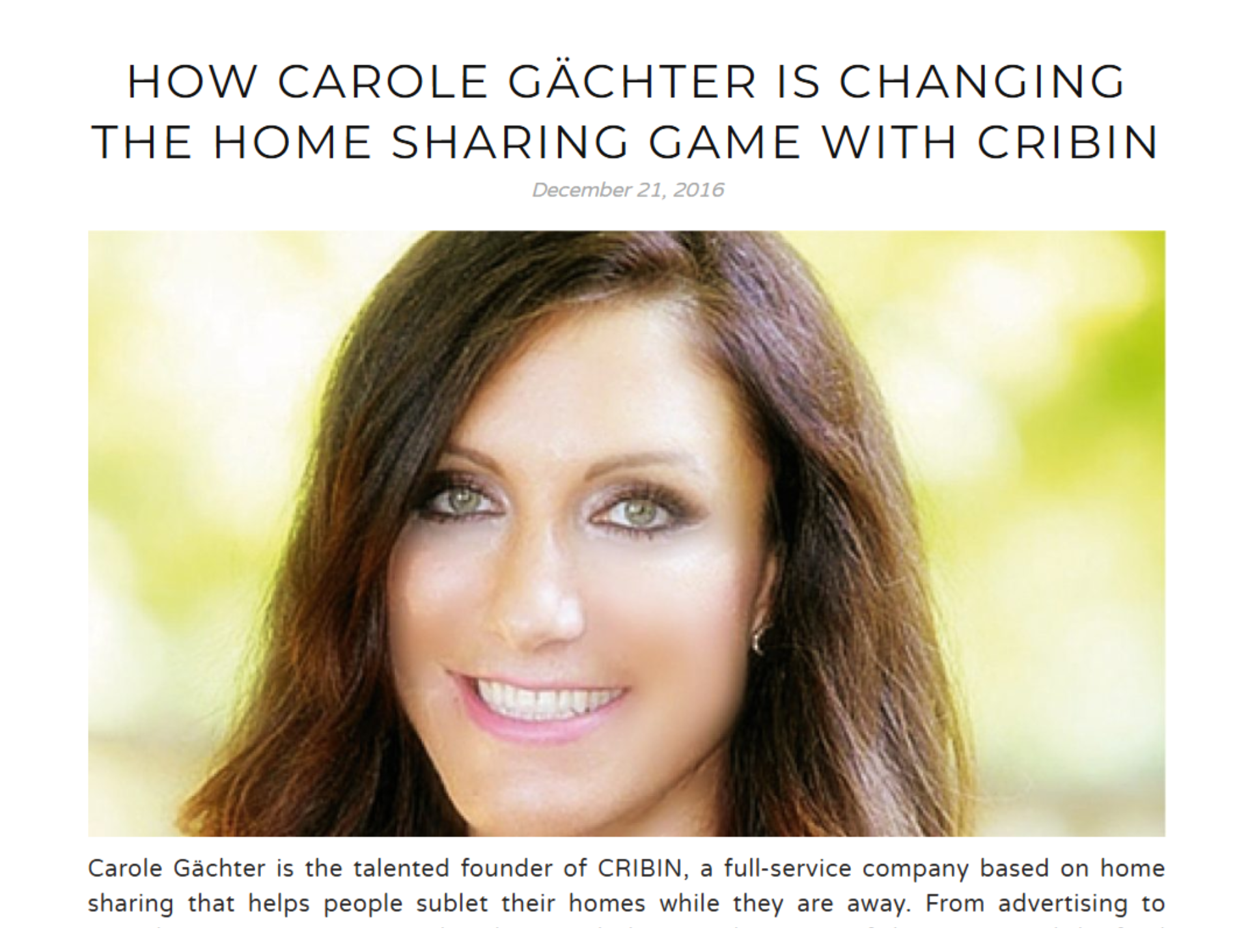 Cribin Artikel Artikelausschnitt des Berichts bezüglich der Firma Cribin mit Bild von der Gründerin Carole Gächter