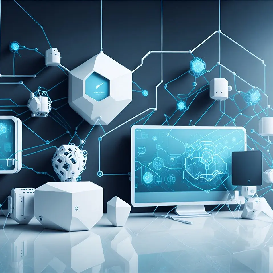 Neue Business Modelle Mit Künstlicher Intelligenz generiertes Bild mit Computer und sonstigen Vernetzungen als Veranschaulichung von neuen Business Modellen