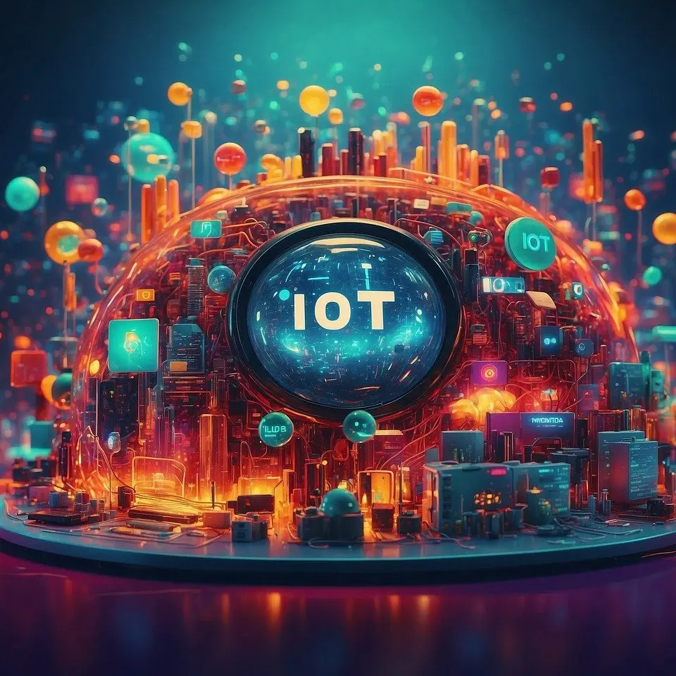 Internet der Dinge Mit Künstlicher Intelligenz generierte Grafik mit dem Wort IoT im Zentrum als Veranschaulichung von Internet of Things